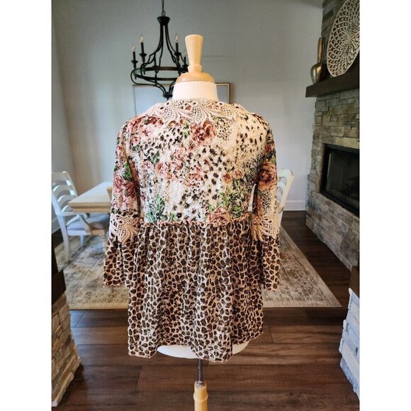 NJ Couture Bohemian People Boho Lace Leopard Floral Tassel Top Size‎ S/M Baydoll - Picture 9 of 12